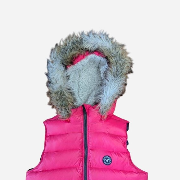 American Eagle Outfitters Feather Down Puffer Vest Pink Faux Fur Hood l Small - Picture 3 of 8